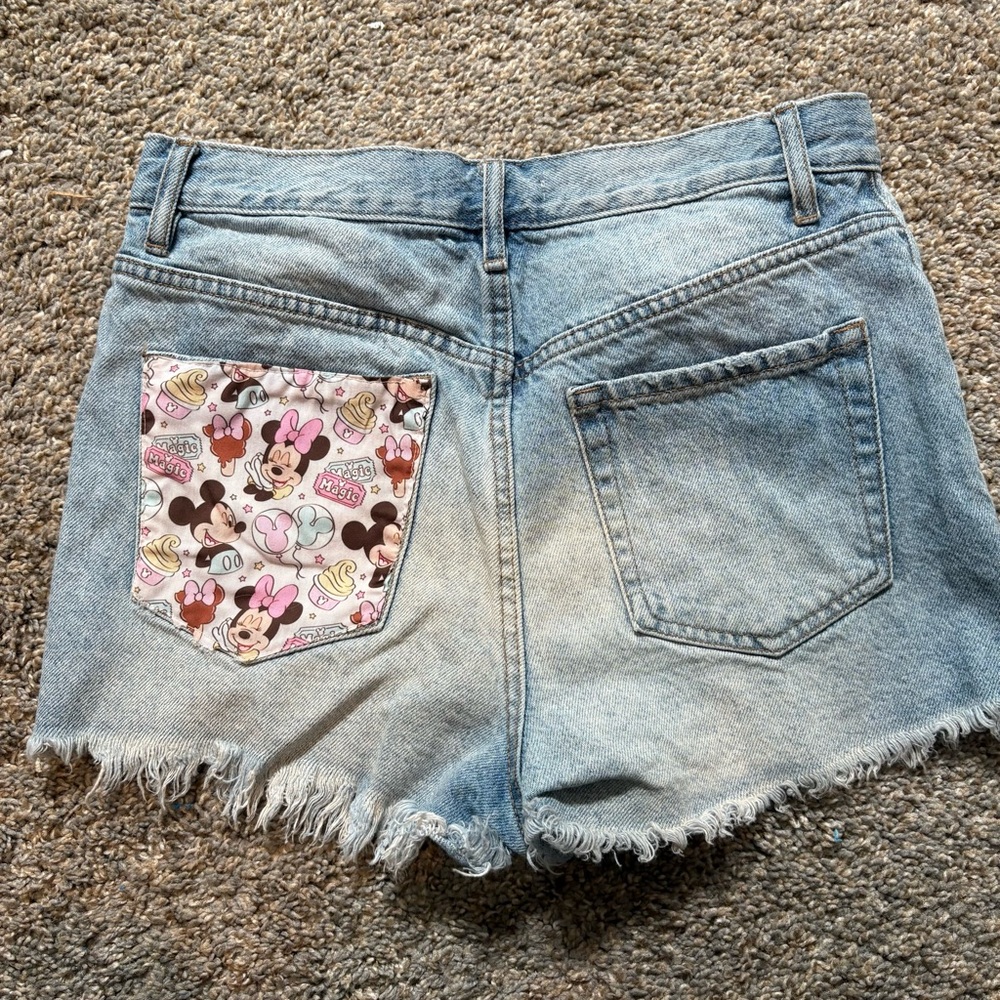 Custom Upcycled Rework Pacsun Denim Jean Shorts Disney Mickey Minnie Patchwork - Picture 2 of 5